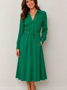 BCBGMaxAzria Emerald Green Long-Sleeve Midi Shirt Dress with Waist Tie